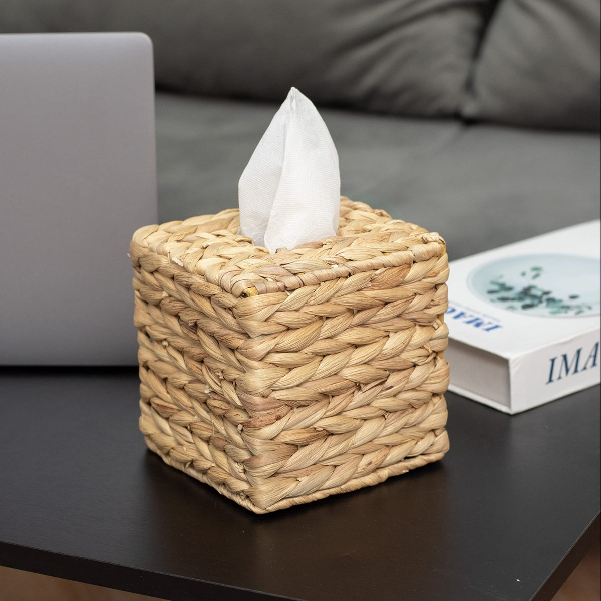 Boho Wicker Tissue Box Cover Square | Water Hyacinth Decorative Woven Facial Tissue Holder for Table, Bathroom & Vanity | Art Deco Style | Yellow