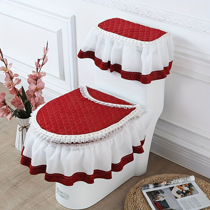 European Style Luxury Toilet 3-Piece Set – Non-Slip All-Season Toilet Seat Cover, Lid Cover & Bath Mat | Brown, Green, Black, Red