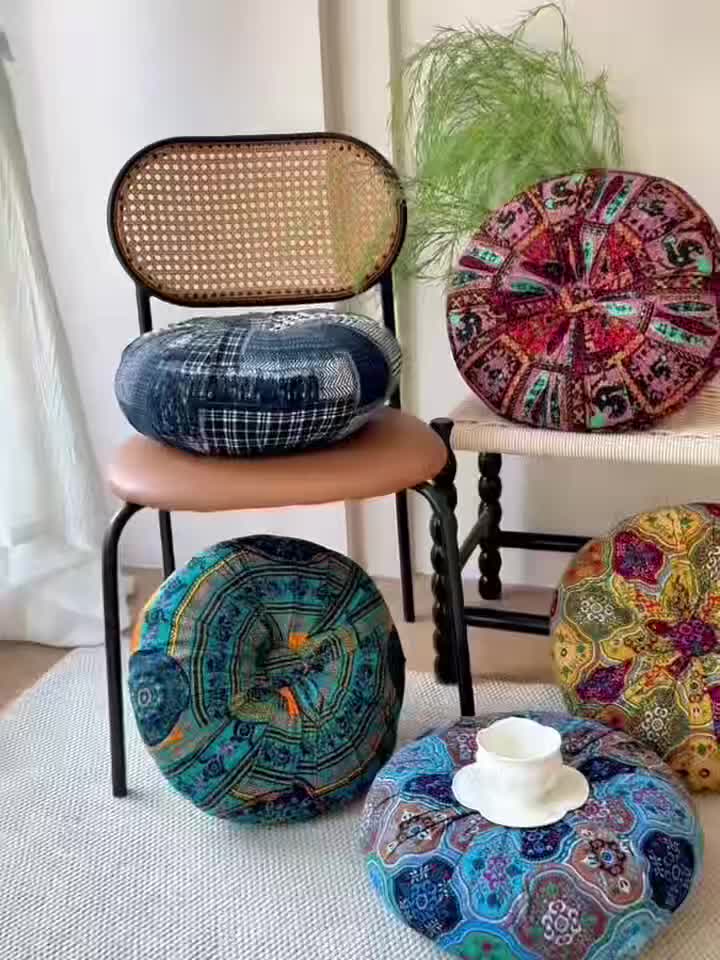 Boho Round Floor Cushion Pillow Thick Filling - Bohemian Decorative Accent Pillow for Sofa Living Room Bedroom, 6 Colors, 2 Sizes