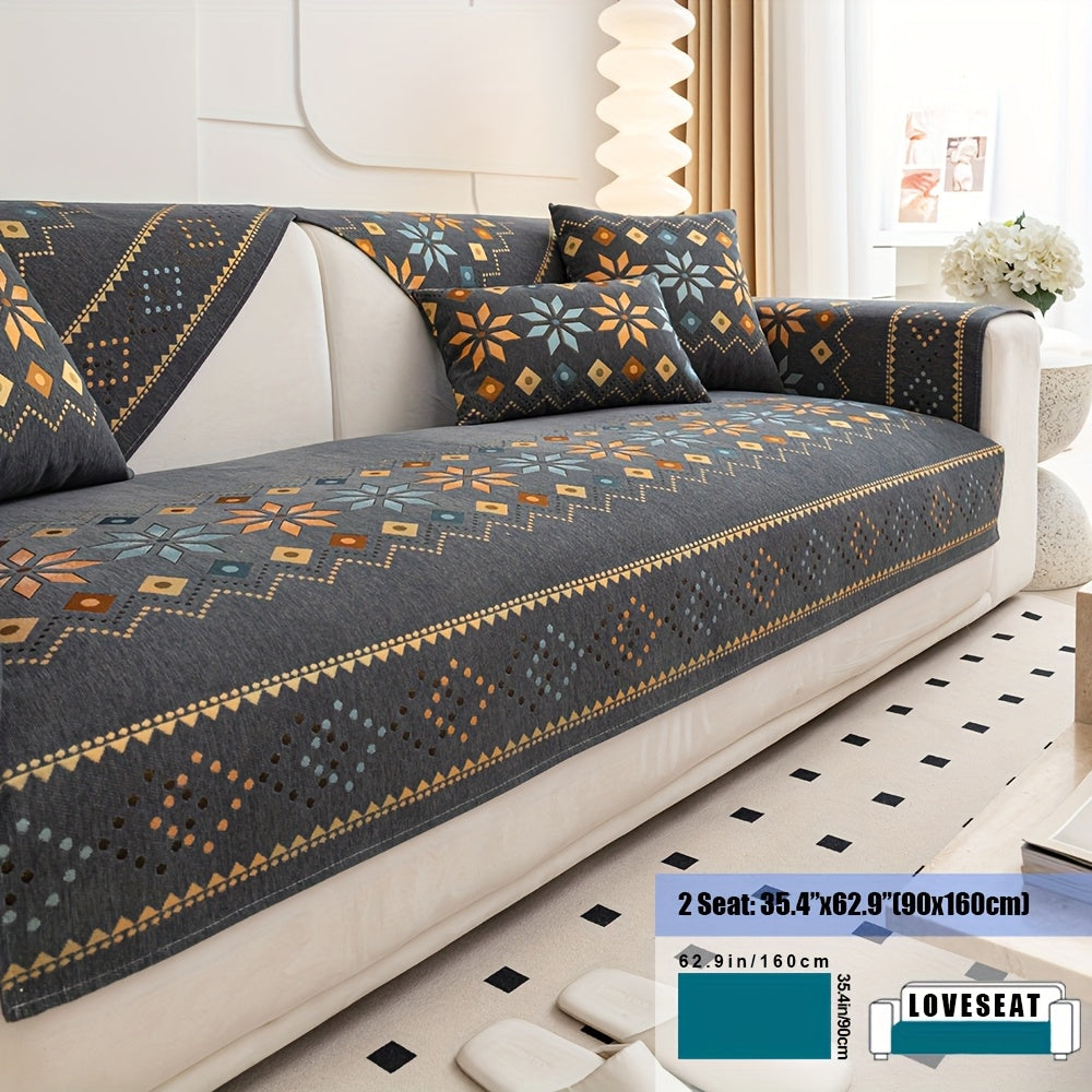 Embroidered Chenille Sofa Slipcover Bohemian Geometric Floral Pattern | Non-Slip Machine Washable Couch Cover for 1-2-3-4 Seater with Armrest & Pillow Cover Options, 6 Colors