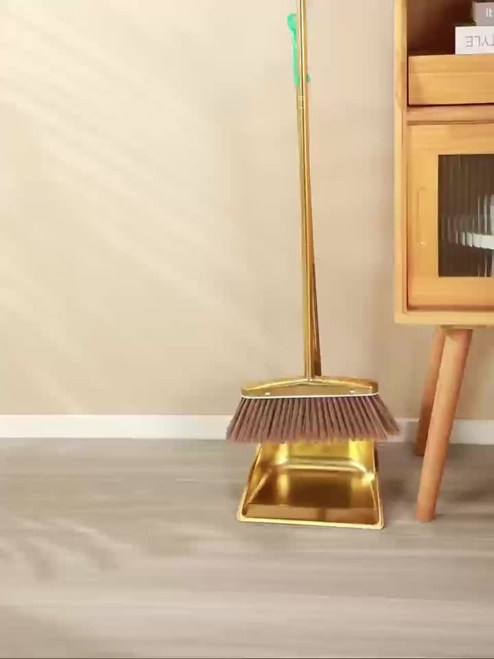 Golden Stainless Steel Broom and Dustpan Set – Standing Upright Floor Sweeper for Home, Office, Patio, Garden & Restaurant