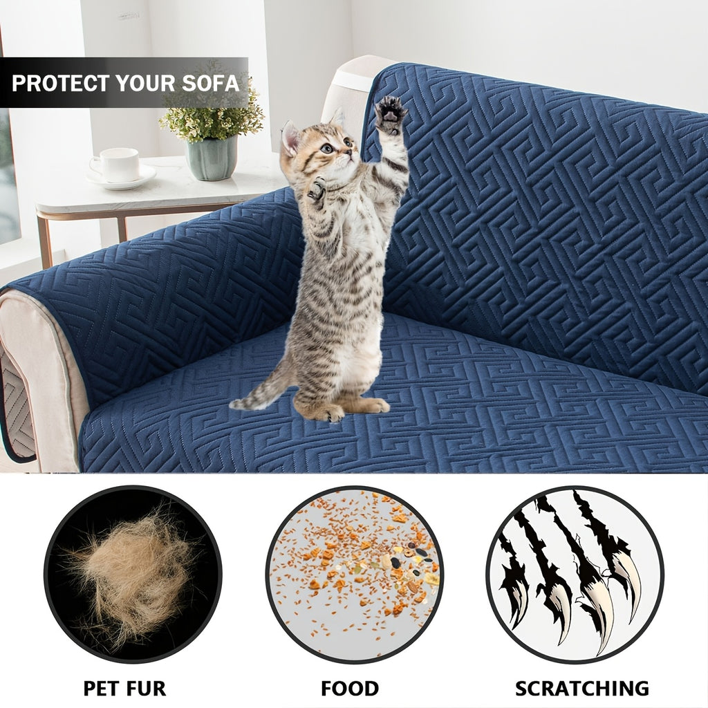 Quilted Sofa Cover One-Piece Cushion Slipcover with Anti-Slip Elastic Band – Pet-Friendly Scratch-Resistant Washable Removable Furniture Cover for Living Room Bedroom Hotel Home Decor