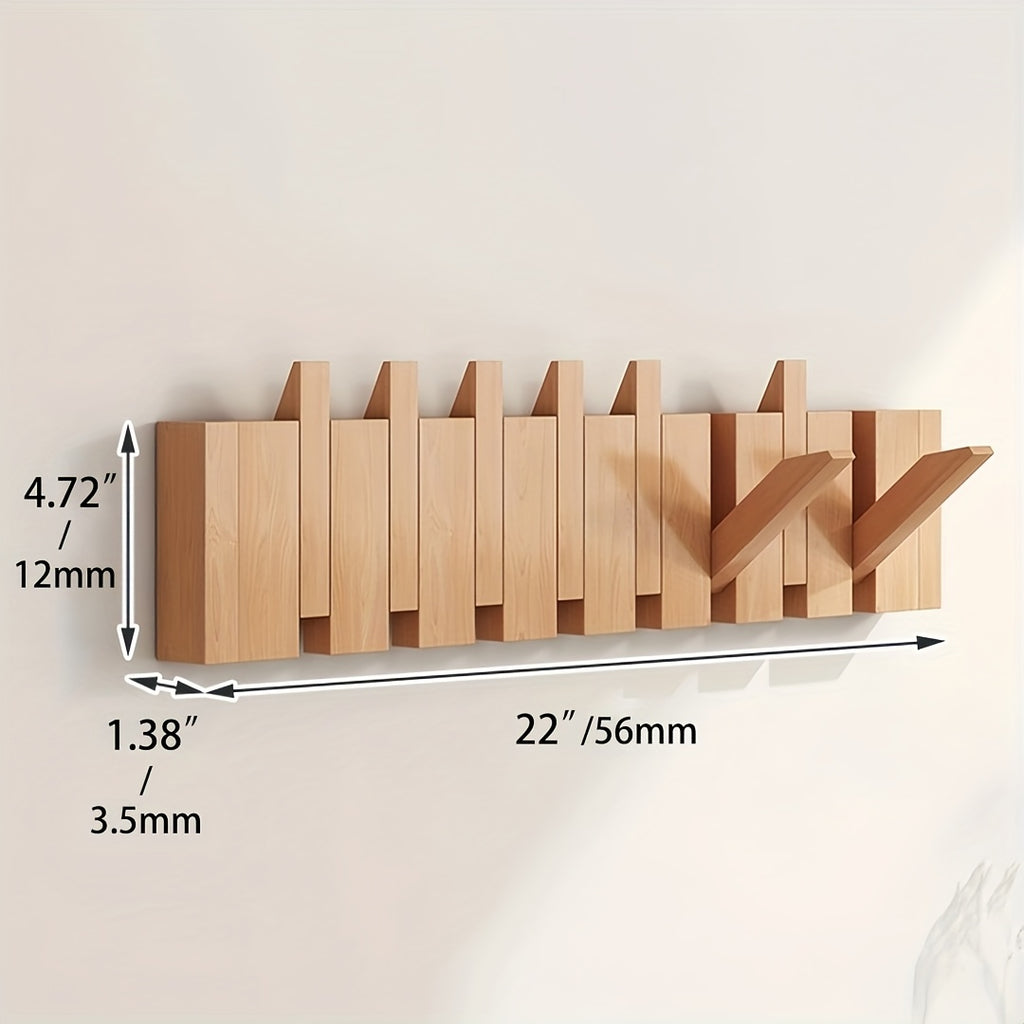 Wall-Mounted Coat Rack Natural Wood – Accordion Hook Rack for Entryway, 4/6/8/10 Hooks, Walnut & Beech Finish, Space-Saving Coat Hanger for Bedroom, Bathroom, Hallway