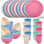 16 or 32pcs Wheat Straw Dinnerware Set Plates and Bowls Microwave Dishwasher Safe Durable Plastic Tableware for 8 – Party Gifts Multiple Colors