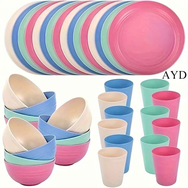 16 or 32pcs Wheat Straw Dinnerware Set Plates and Bowls Microwave Dishwasher Safe Durable Plastic Tableware for 8 – Party Gifts Multiple Colors