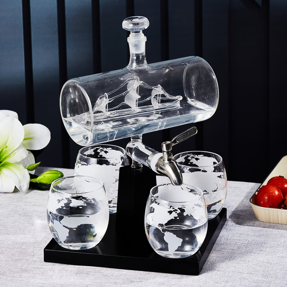 Whiskey Decanter Set with Glasses and Wooden Stand Globe Decanter Ball or Sailboat Design Gift for Whiskey Lovers Birthdays Weddings Anniversaries