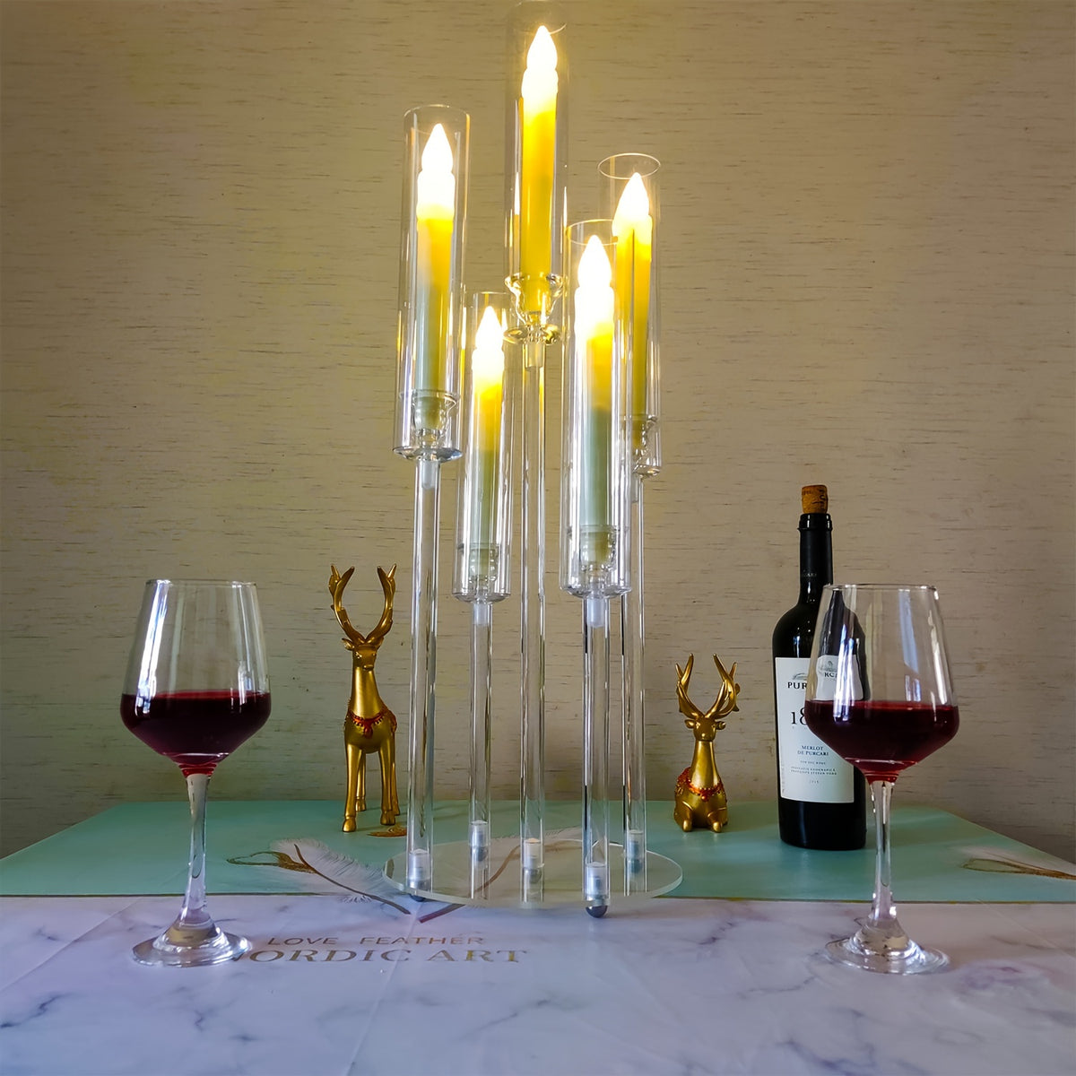 Acrylic Candelabra Centerpiece Set of 2 – Clear 5-Arm Candle Holder with Shades, 3-Height Design for Wedding, Christmas, Thanksgiving, Birthday & Party Table Decor – Fits 0.87" LED Candles