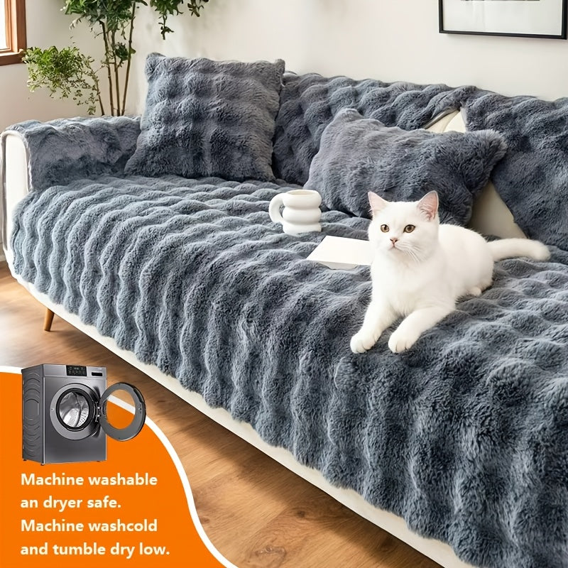 Plush Sofa Cover Rabbit Fur Like Cushion – Anti-Slip Wear-Resistant Pet Friendly Sofa Protector, 450-500GSM Polyester, Machine Washable, Home Decor