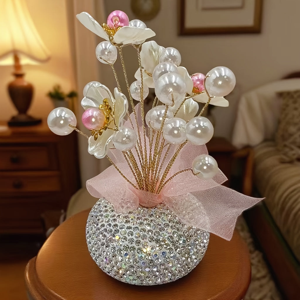 Crystal Simulation Flower Decoration Set of 2 - Handmade Faux Crystal Flowers for Car Center Console Home Decor and Desk - Elegant Gift for Mothers Day Birthday and Valentines Day Holiday Parties