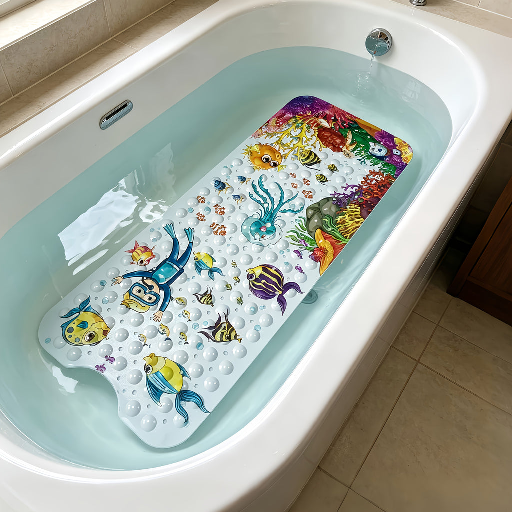 Non-Slip Bathtub Mat with Suction Cups & Drain Holes – PVC Shower Mat 40x16, Cushioned, Machine Washable, Fun Ocean Designs for Kids & Adults