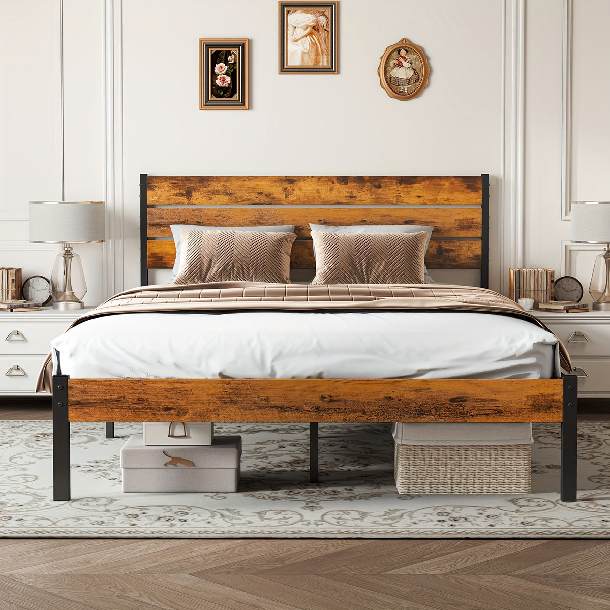 Iron Bed Frame with Wooden Plank Headboard Twin Full Queen Size Metal Platform Bed Heavy Duty Steel Slats Easy Assembly Bedroom
