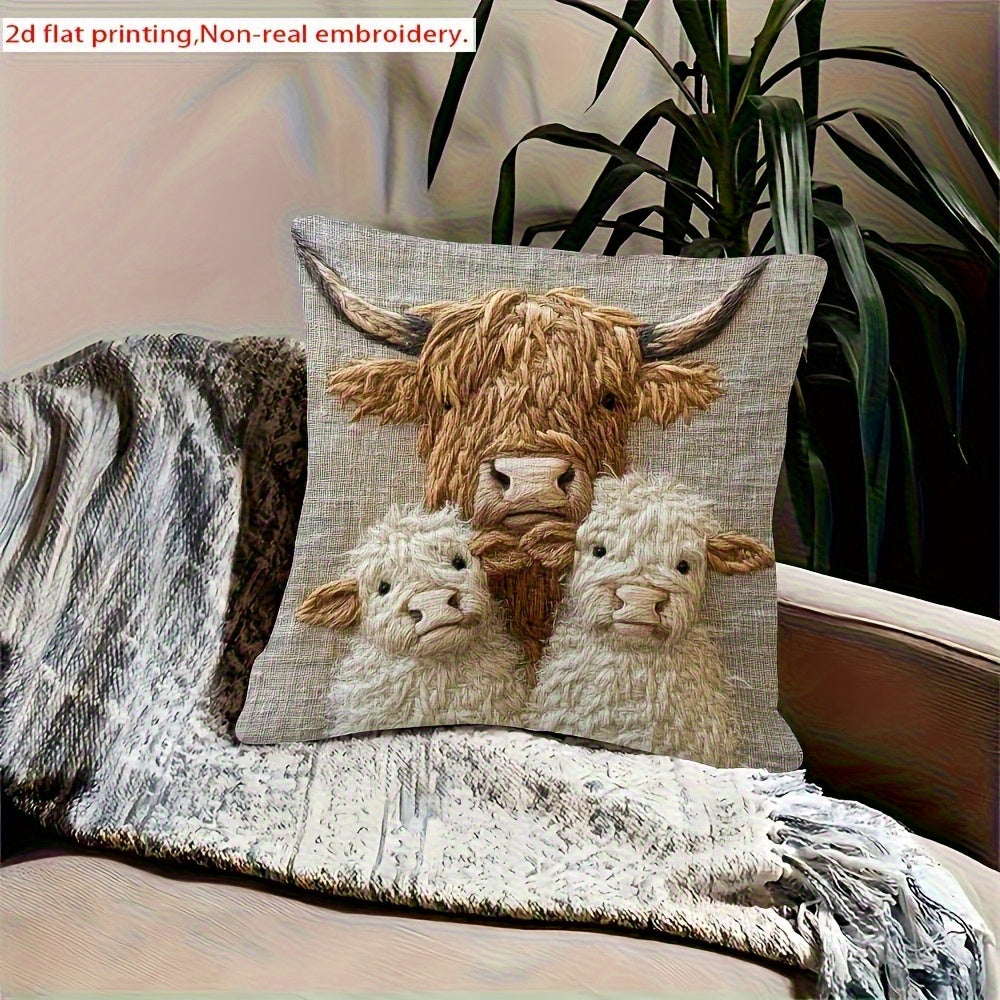 Highland Cow Family Farmhouse Decorative Pillow Cover 18x18 Inch – Soft Polyester Woven Print Cushion Cover with Zipper, Machine Washable, Country Cow Home Decor for Sofa Bed Living Room