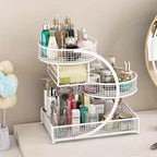 3-Tier Metal Cosmetic Organizer with Tissue Box Holder – No-Install Bathroom Countertop & Dressing Table Storage Rack, Lightweight