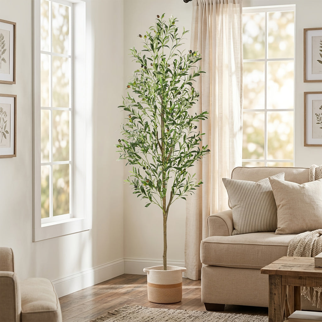 Artificial Olive Tree with Basket, Planter & Moss 5ft 6ft 7ft – Tall Indoor Fake Olive Plant with Realistic Wood Trunk, Lifelike Branches & Fruits for Office, Living Room & Spring Summer Home Decor