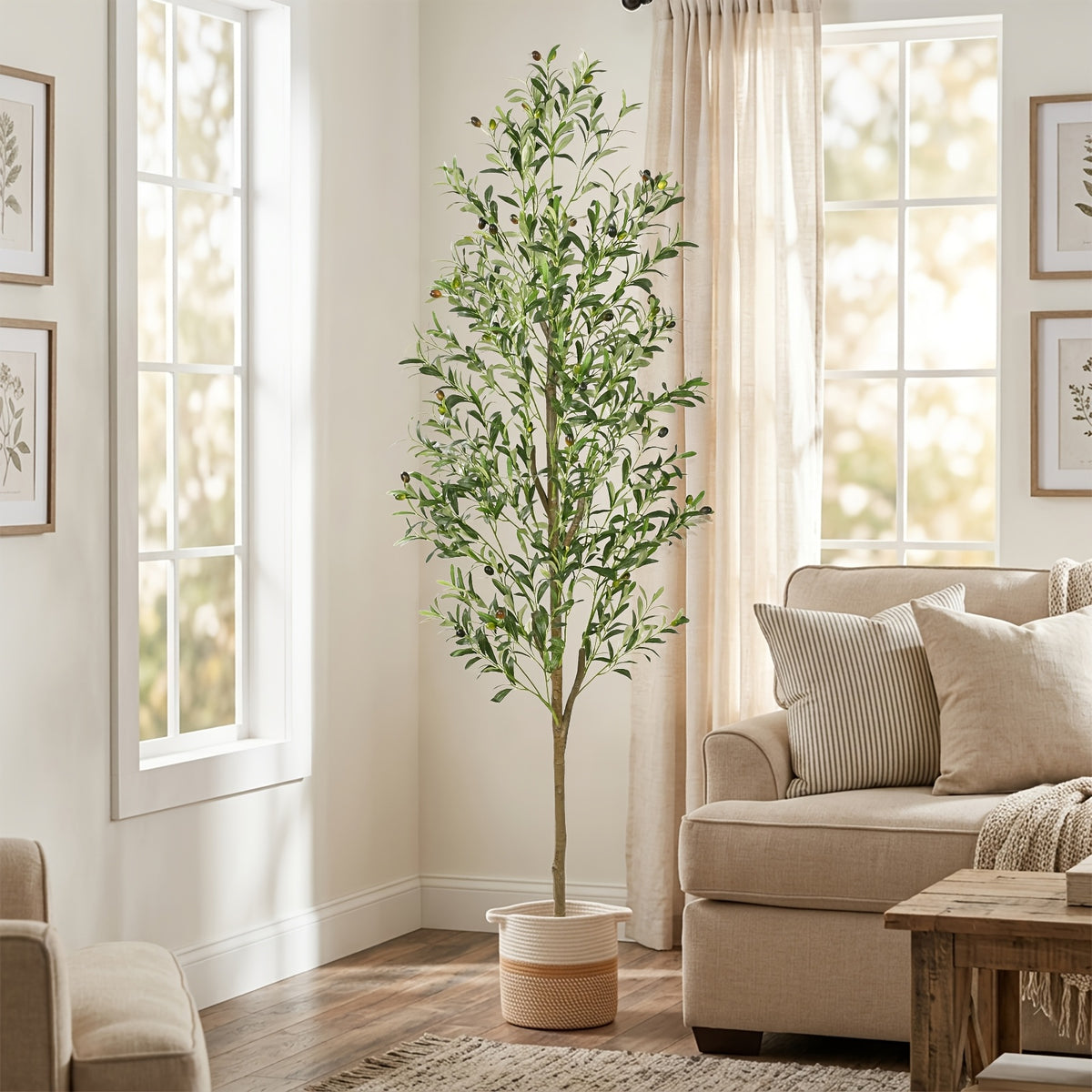 Artificial Olive Tree with Basket, Planter & Moss 5ft 6ft 7ft – Tall Indoor Fake Olive Plant with Realistic Wood Trunk, Lifelike Branches & Fruits for Office, Living Room & Spring Summer Home Decor
