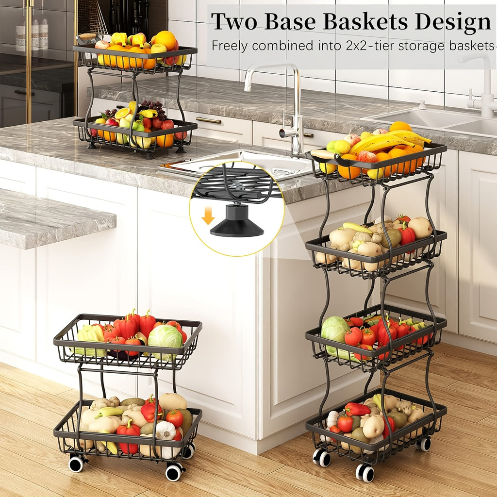 Fruit and Vegetable Basket Storage Cart with Wheels 4-Tier & 5-Tier Stackable Metal Rolling Produce Rack for Kitchen Pantry Bathroom Corner