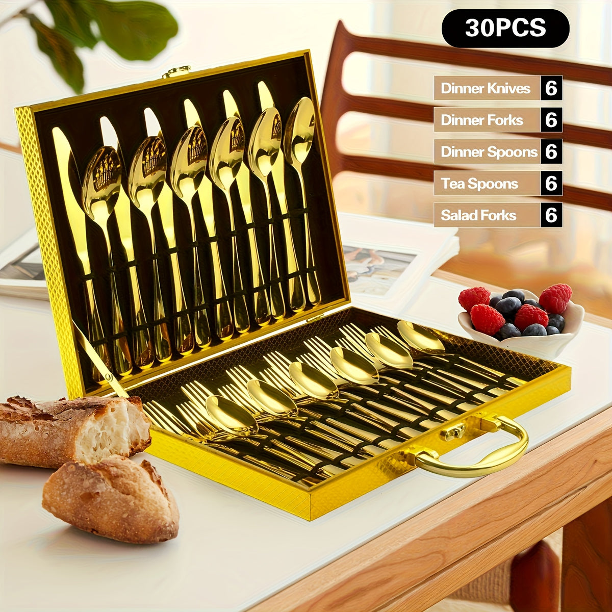 30-Piece Deluxe Golden Stainless Steel Flatware Set with Wooden Gift Box – Mirror Polished Knives, Forks & Spoons for 6 | Wedding, Business & Celebration Gift