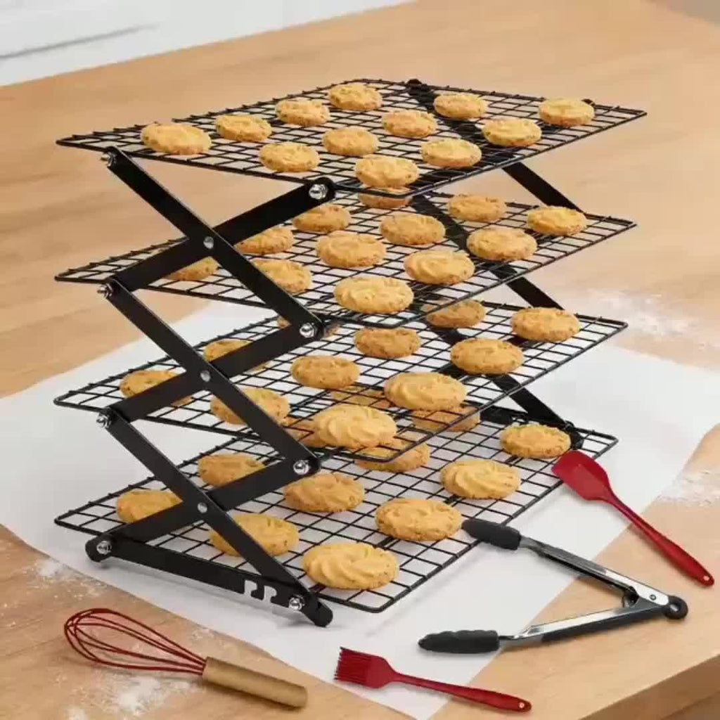 Foldable Cooling Rack Set with Baking Tools – Stackable Oven Cookie Cake Drying Rack, 3/4/5 Piece with Silicone Spatula, Egg Beater & More, Holiday Baking Gift