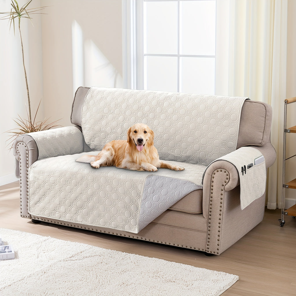 Liquid-Resistant Sofa Cover with Pocket, Geometric Pattern Couch Slipcover Furniture Protector for Pets, Washable Thick Soft 1 2 3 4 Seat Sizes Chair Loveseat Sofa