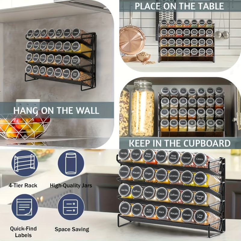Spice Rack Organizer with 28 Jars, 386 Pre-Printed Labels, Chalk Marker & Funnel – Wall Mount or Countertop Cabinet Spice Storage for Kitchen Pantry – 13.4" W × 10.8" H, Black