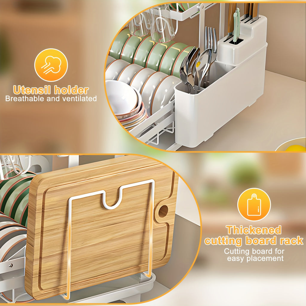 2-Tier Dish Drying Rack with Drainboard – Large Carbon Steel Dish Drainer with Glass & Utensil Holders, Drying Mat, Rust-Resistant, for Kitchen Countertop – Foldable & Double Layer Options