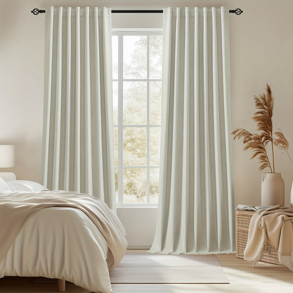 Faux Linen Blackout Curtains 2 Panels for Bedroom & Living Room – 100% Blackout, Back Tab & Rod Pocket, Thermal Insulated Farmhouse Drapes