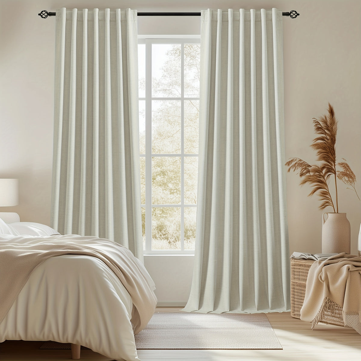 Faux Linen Blackout Curtains 2 Panels for Bedroom & Living Room – 100% Blackout, Back Tab & Rod Pocket, Thermal Insulated Farmhouse Drapes