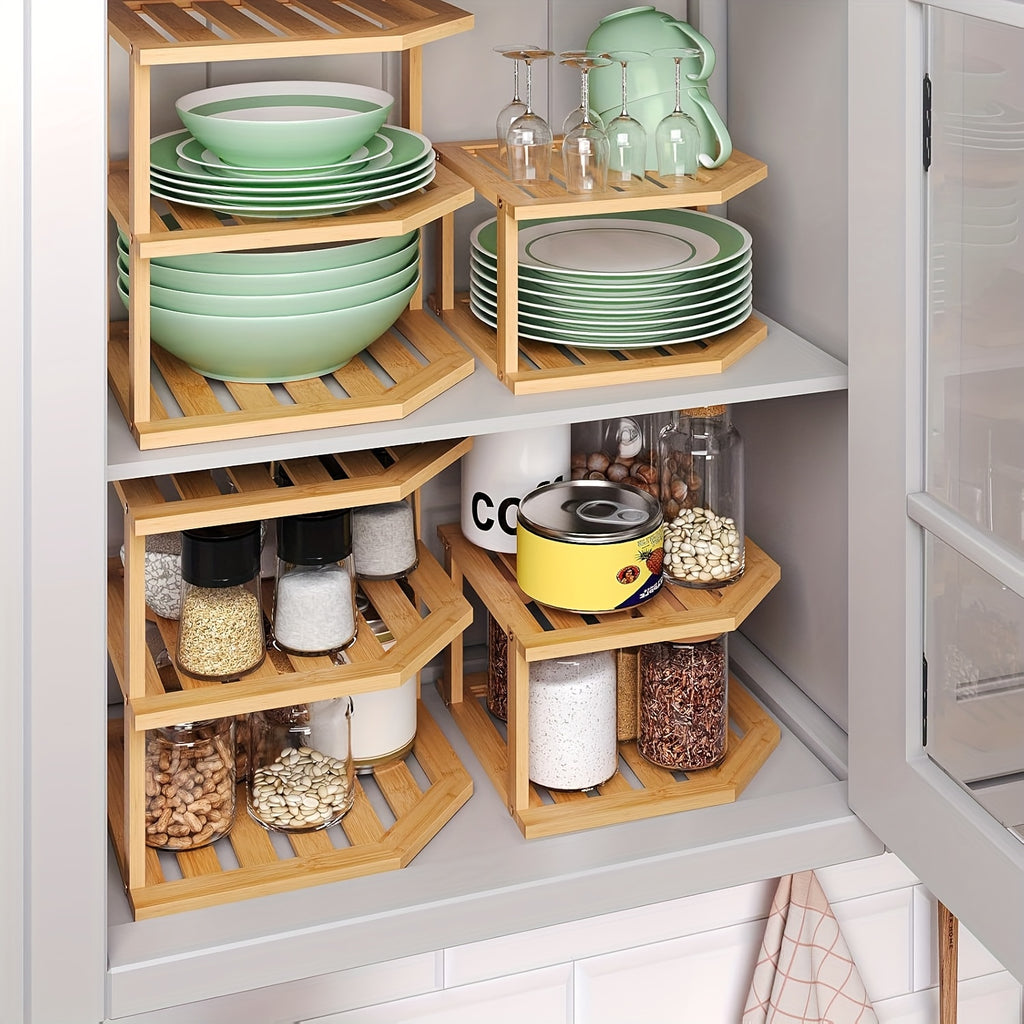 Bamboo Corner Shelf 3-Tier Set of 2 – Countertop & Cabinet Organizer for Kitchen, Bathroom, Spice Rack, Plate & Cup Storage