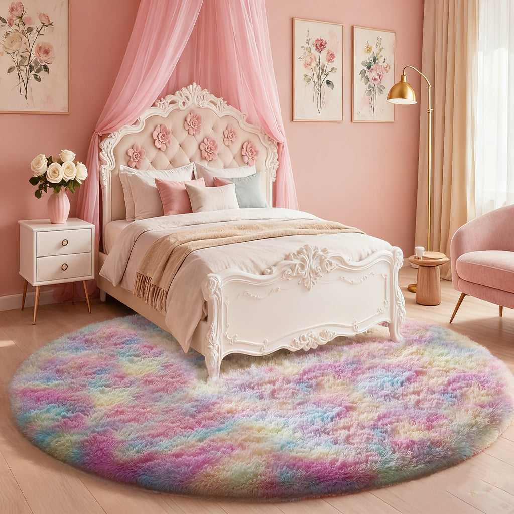 Tie Dye Round Area Rug Soft Plush Shaggy Circle Floor Mat Non-Slip for Living Room Bedroom Dorm – Boho Rainbow & Solid Colors 4x4 5x5 6x6 7x7 8x8 Ft | Home Decor Aesthetic