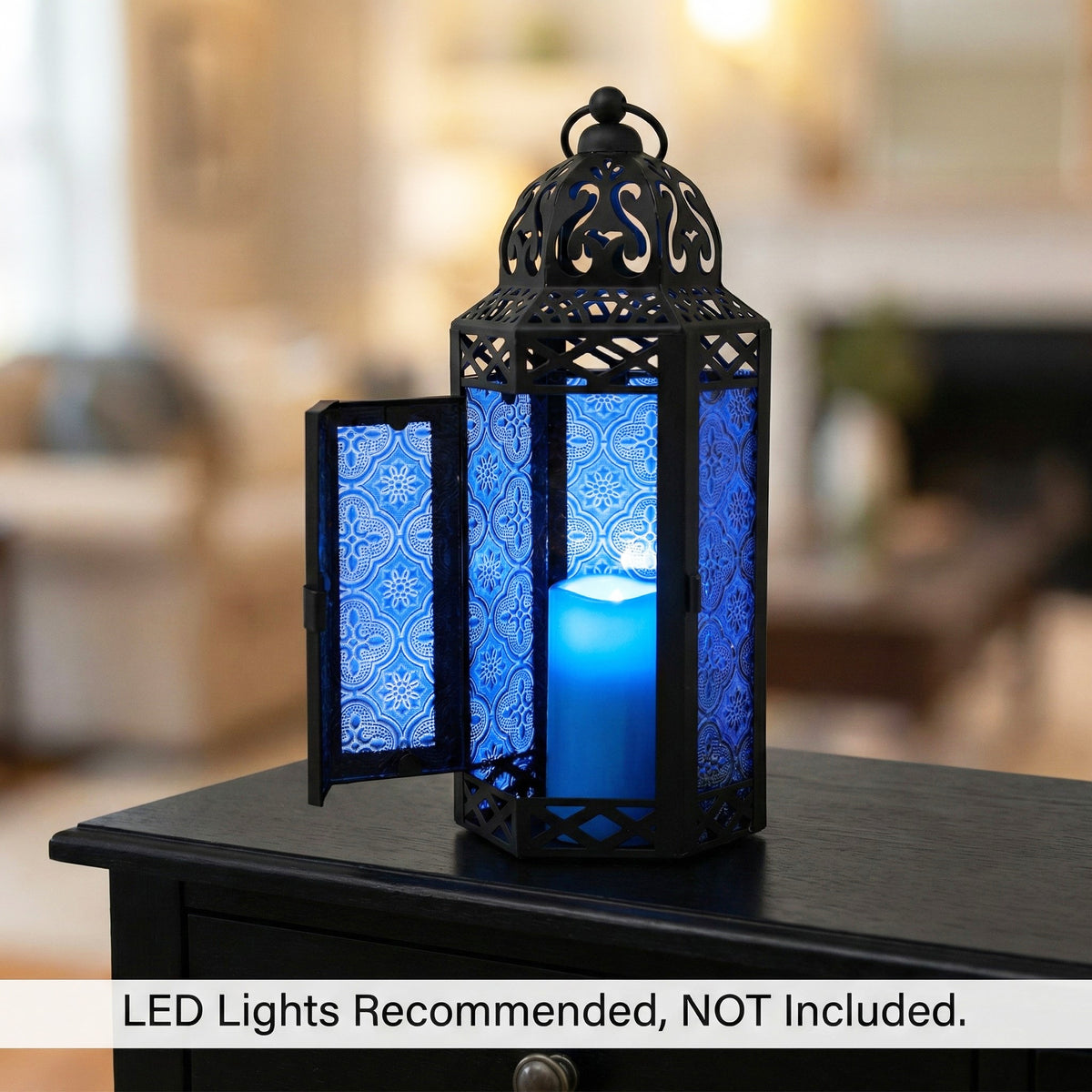 Moroccan Candle Lantern Holder Medium 10.5 Inch – Handcrafted Glass Iron Metal Lantern with Embossed Floral Panels, 17 Colors, Indoor Outdoor Use for Ramadan, Wedding, Patio, Diwali & Home Decor