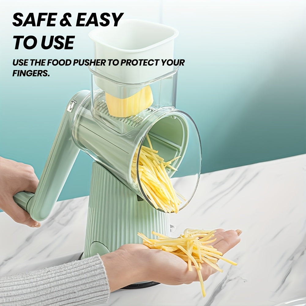 5-in-1 Rotary Cheese Grater with Interchangeable Blades, Suction Cup Base & Handle – Manual Vegetable Slicer Shredder for Cheese, Fruits, Nuts & Vegetables – Easy Clean Kitchen Tool Set