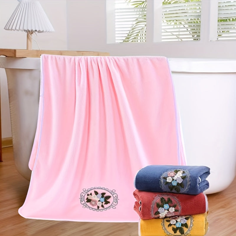 Embroidered Flower Towel Set 3 Piece – Soft Absorbent Bath Towel & 2 Face Towels – Skin-Friendly Polyester Blend, Home & Beach Use, White, Blue, Pink, Gray