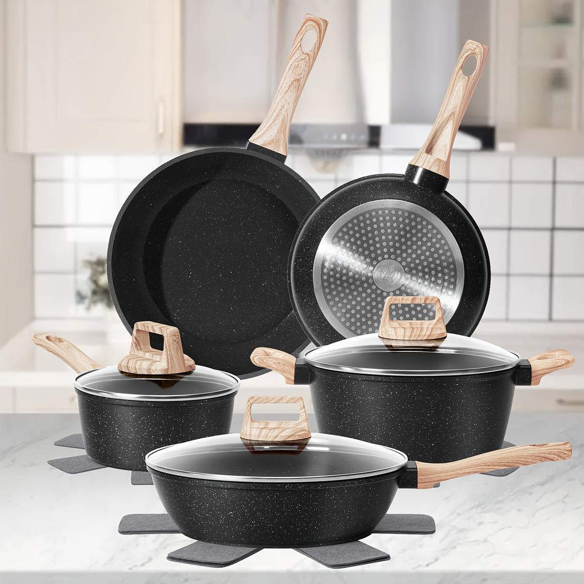 Granite Non Stick Pots and Pans Set 12 Piece Complete Cookware Kit with Frying Pans Casserole Saucepan & Lids – Induction Compatible Space-Saving for Camping RV Travel