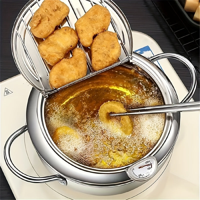 Stainless Steel Tempura Deep Fryer with Thermometer, Lid & Drip Strainer – Temperature Control Pot for Frying Boiling Steaming at Home