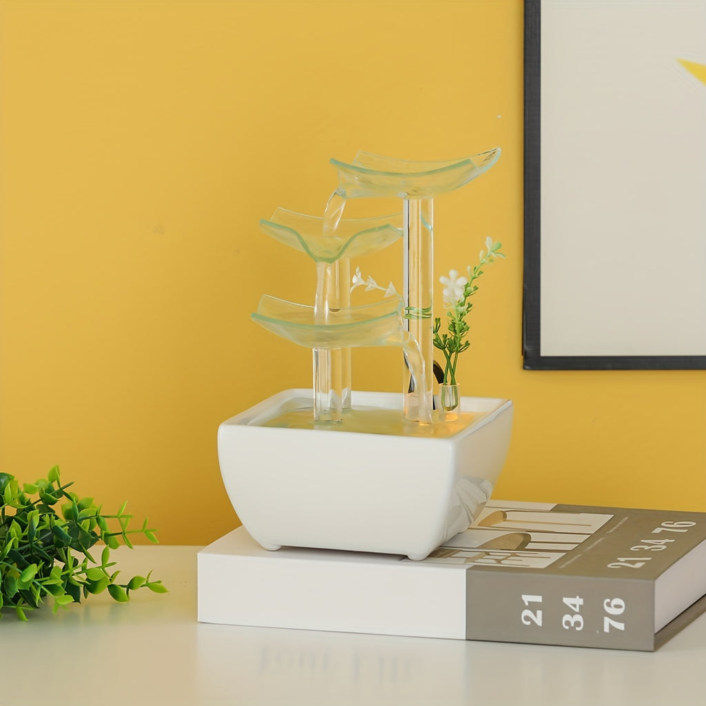 Glass Desktop Water Fountain with LED Lighting – USB-Powered Soothing Tabletop Waterfall Decor, Lotus Design, Serene Ambiance for Living Room, Bedroom, Office & Business Gifts