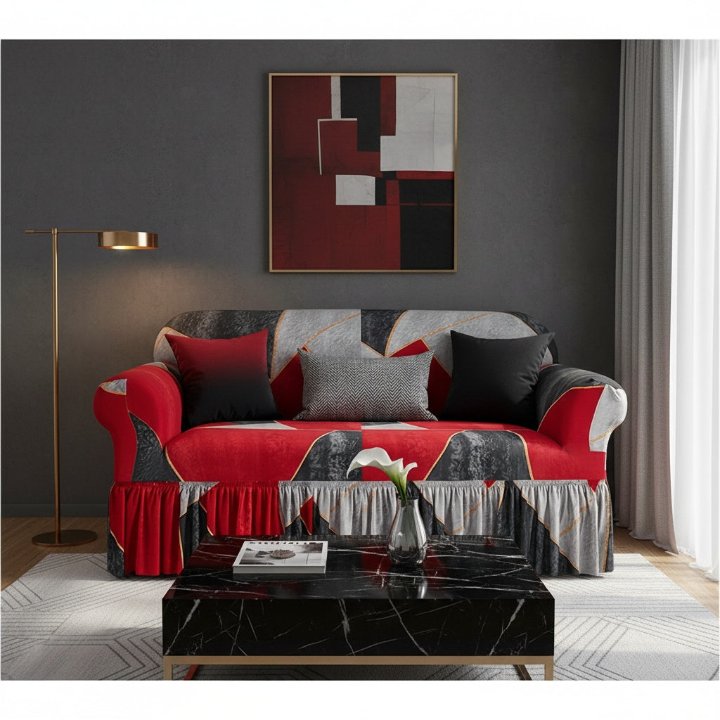 Sofa Cover Slipcover with Printed Skirt – Elastic Pet Anti-Dirt Protection for Living Room, 2/3/4-Seater & Single, All-Purpose Couch Cushion Cover Home Decor