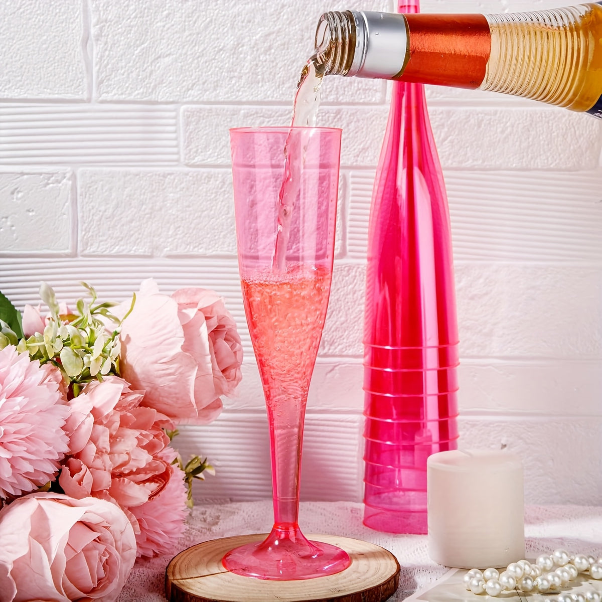 Pink Plastic Champagne Glasses 25 or 50 Pack Transparent Disposable Mimosa Cups BPA-Free PS Flutes for Weddings Cocktails Holidays Outdoor Events