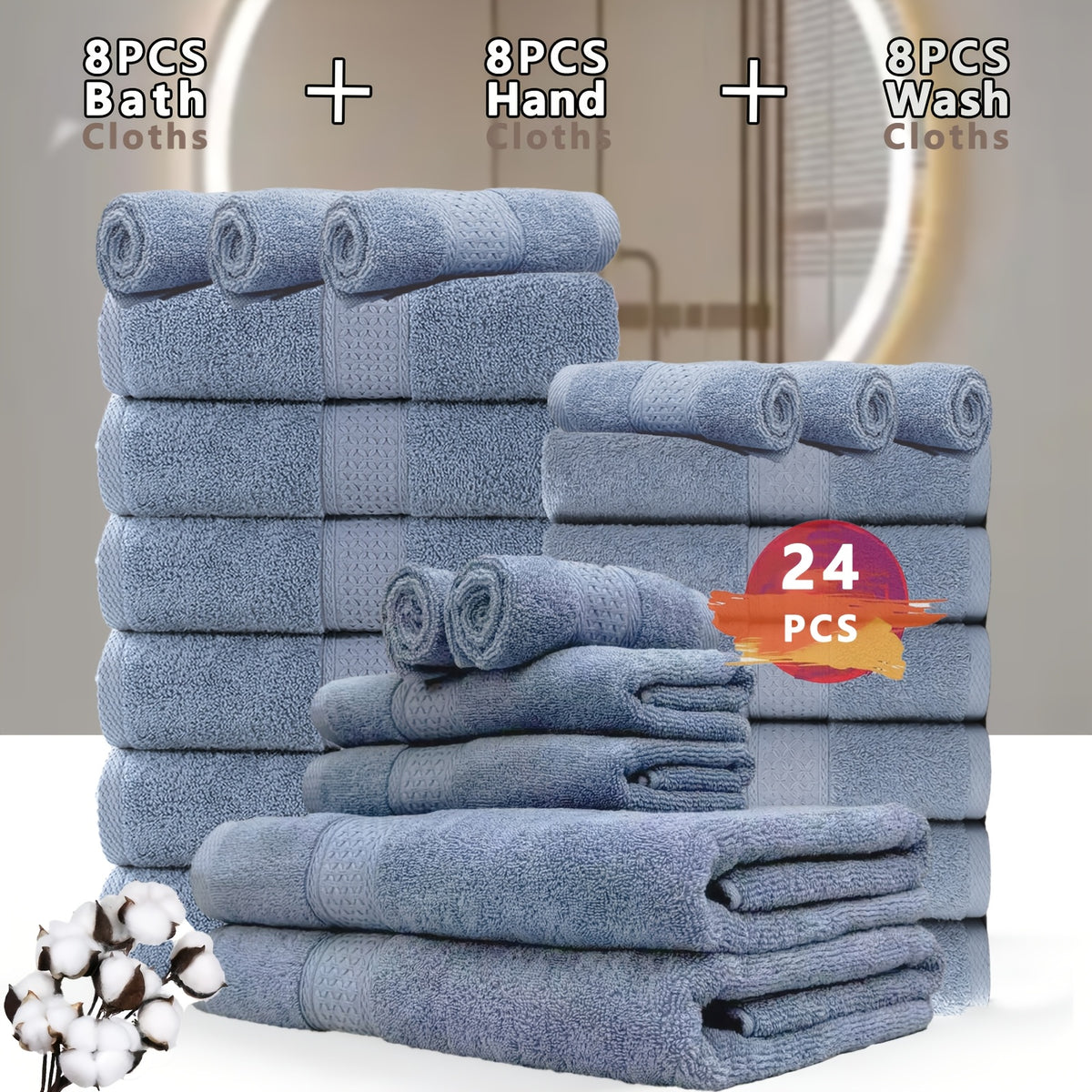 100% Cotton Bath Towel Set 12 & 24 Piece – 450 GSM Soft Absorbent Towels with Bath Towels, Hand Towels & Washcloths | Spa Quality for Home, Travel & Gifts