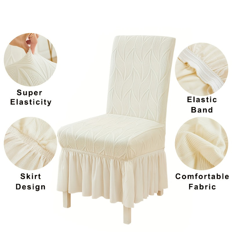Jacquard Leaf Stretch Dining Chair Covers with Skirt 4 or 6 Pack, Universal Removable Parsons Chair Slipcovers for Dining Room Kitchen Wedding Party Banquet