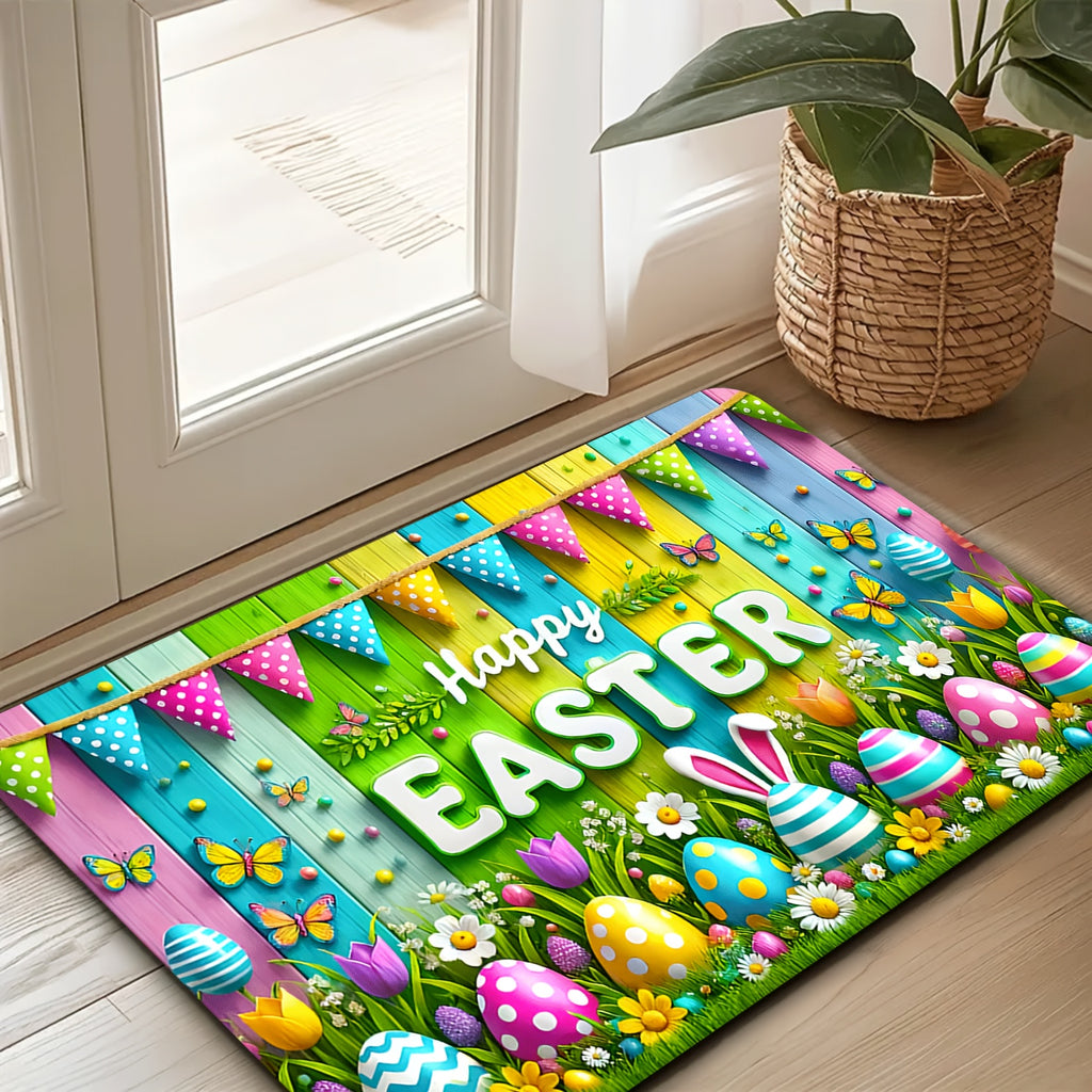 Easter Doormat Flannel Happy Easter Egg Spring Welcome Mat Non-Slip Soft Indoor Outdoor Kitchen Entryway 5 Sizes Including Runner Set
