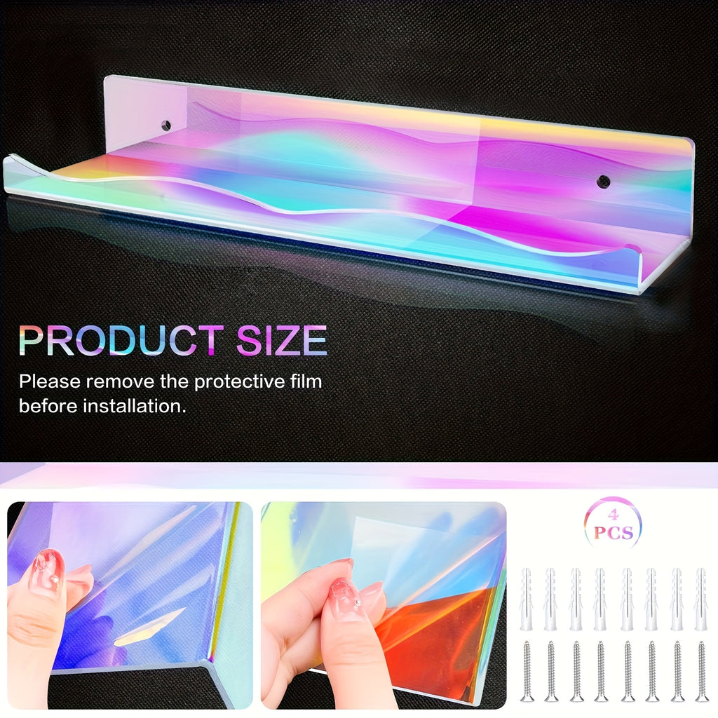 Iridescent Acrylic Floating Shelves 2 or 4 Pack – Colorful Wall Mounted Storage Rack for Nail Polish, Cosmetics & Sundries, Art Deco Home, Office, Bathroom & Nail Salon Decor, Macaron, Pink or Clear
