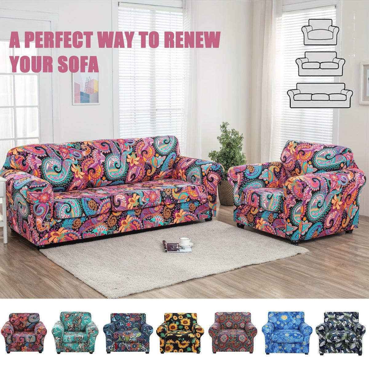 Boho Floral Sofa Slipcover Set with Separate Seat Cushion Covers – Washable Stretch Couch Cover for Armchair Loveseat Sofa, Drawstring Fit, Pet Friendly, 6 Colors