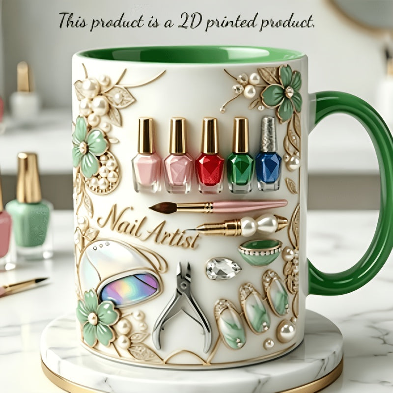 Nail Polish Ceramic Coffee Mug 11oz – Funny 3D Effect Manicure Cup, Two-Color Handle, Dishwasher Safe, Gift for Nail Techs & Beauty Lovers, Home Office Decor