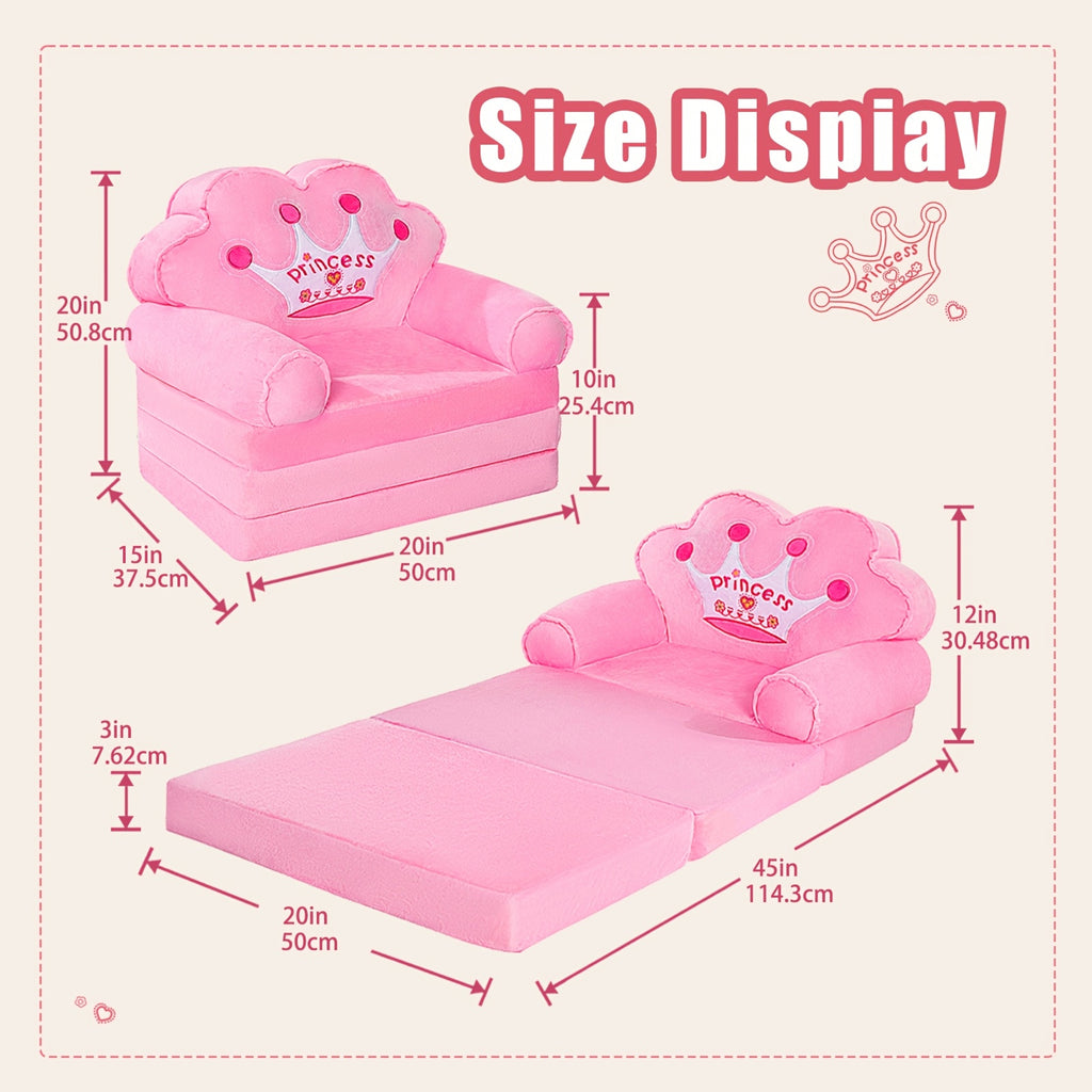 Flip Open Kids Sofa with Princess Crown Design – 2-in-1 Foldable Couch & Lounger Chair, Machine Washable Plush Cover, Certified Safe Foam, Dreamy Reading Nook Gift for Girls