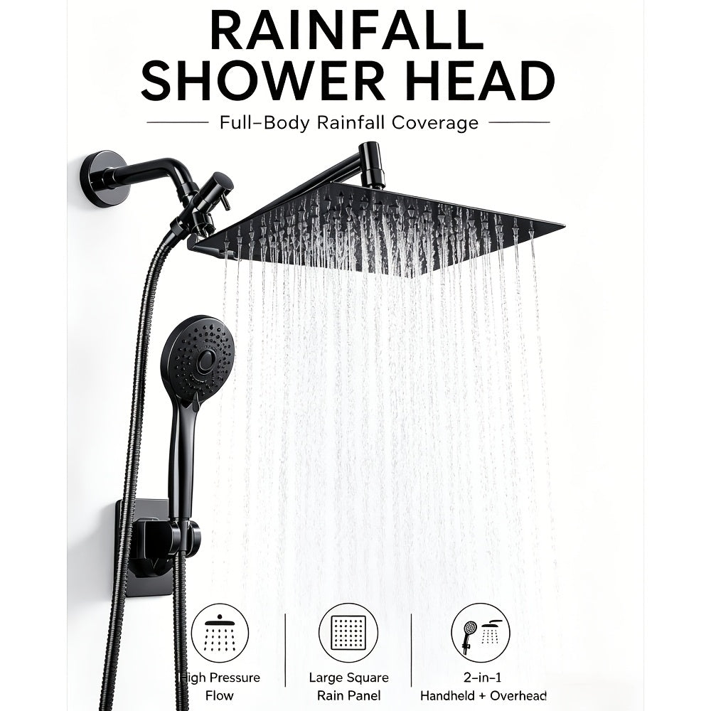 High Pressure Rainfall Shower Head & Handheld Combo 10/12 Inch Round or Square, 4-Spray Settings, 13-Inch Adjustable Arm, 78-Inch Hose & No-Drill Adhesive Holder – Chrome & Black