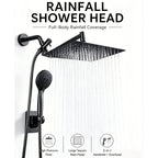High Pressure Rainfall Shower Head & Handheld Combo 10/12 Inch Round or Square, 4-Spray Settings, 13-Inch Adjustable Arm, 78-Inch Hose & No-Drill Adhesive Holder – Chrome & Black