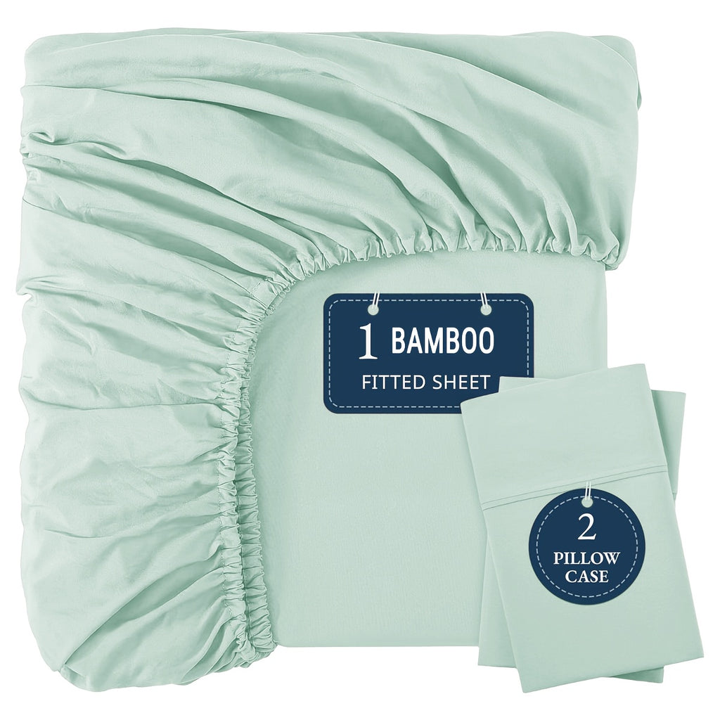 Bamboo Fitted Sheet Set 3pcs Cooling Breathable Soft Deep Pocket – 1 Fitted Sheet & 2 Pillowcases, Fits Mattress Up to 15", Twin Full Queen King, 12 Colors