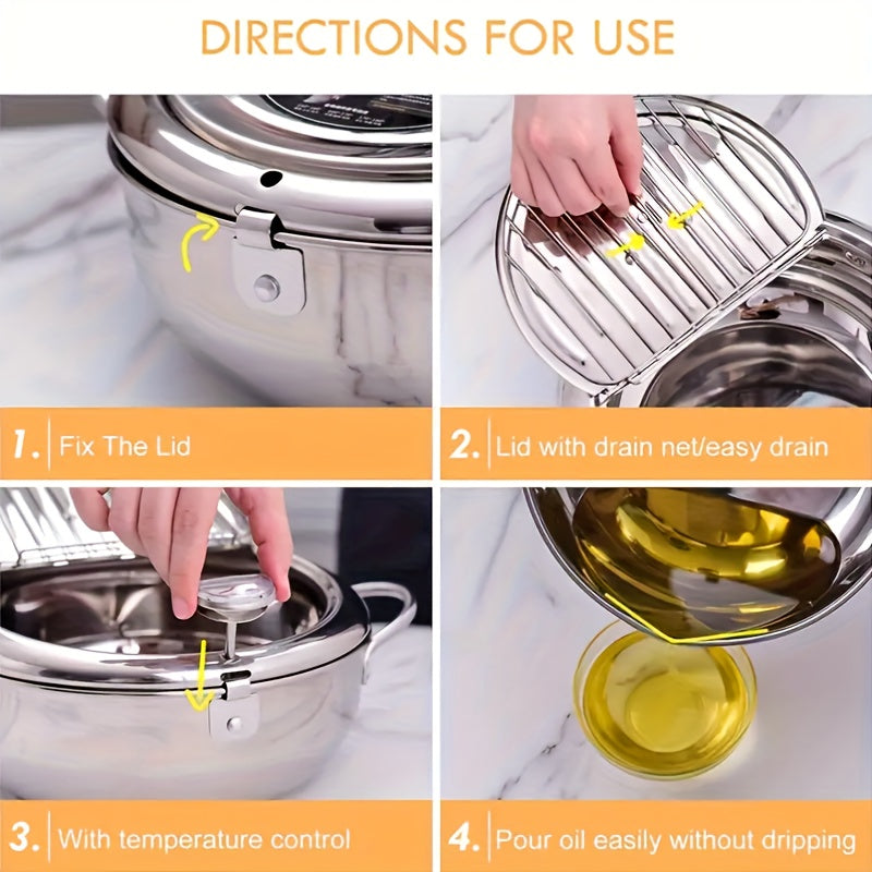 Stainless Steel Tempura Deep Fryer with Thermometer, Lid & Drip Strainer – Temperature Control Pot for Frying Boiling Steaming at Home