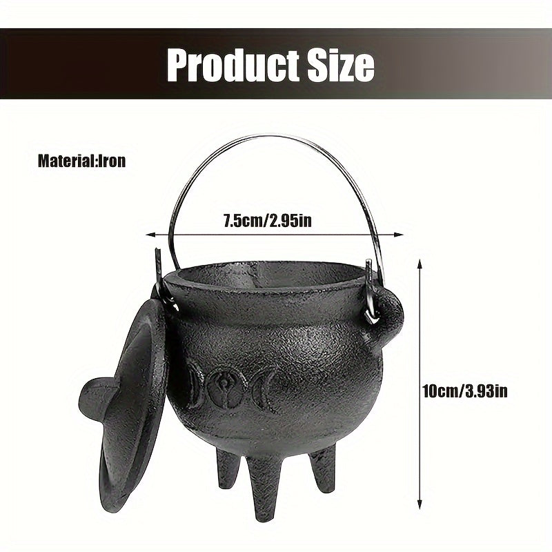 Cast Iron Cauldron with Lid & Carry Handle – Pentagram & Triple Moon Witchcraft Cauldron for Incense Burning, Candles, Spells, Halloween Decoration & Ritual Supplies