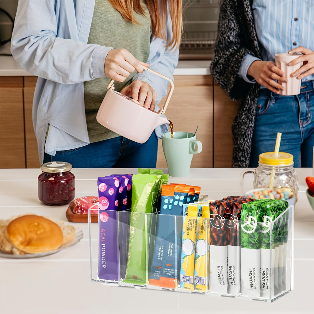 Clear Drink Packet Organizer with Removable Sections & Adjustable Dividers – Transparent Space-Saving Storage for Flavor Packets, Kitchen & Office (3 or 4 Compartments)
